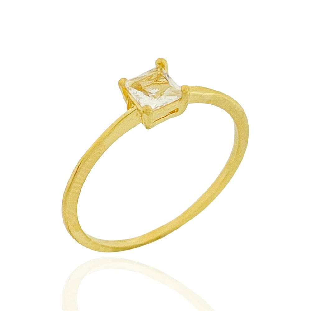 Anel Solitário Zircônia Quadrada Cristal Banhado a Ouro
