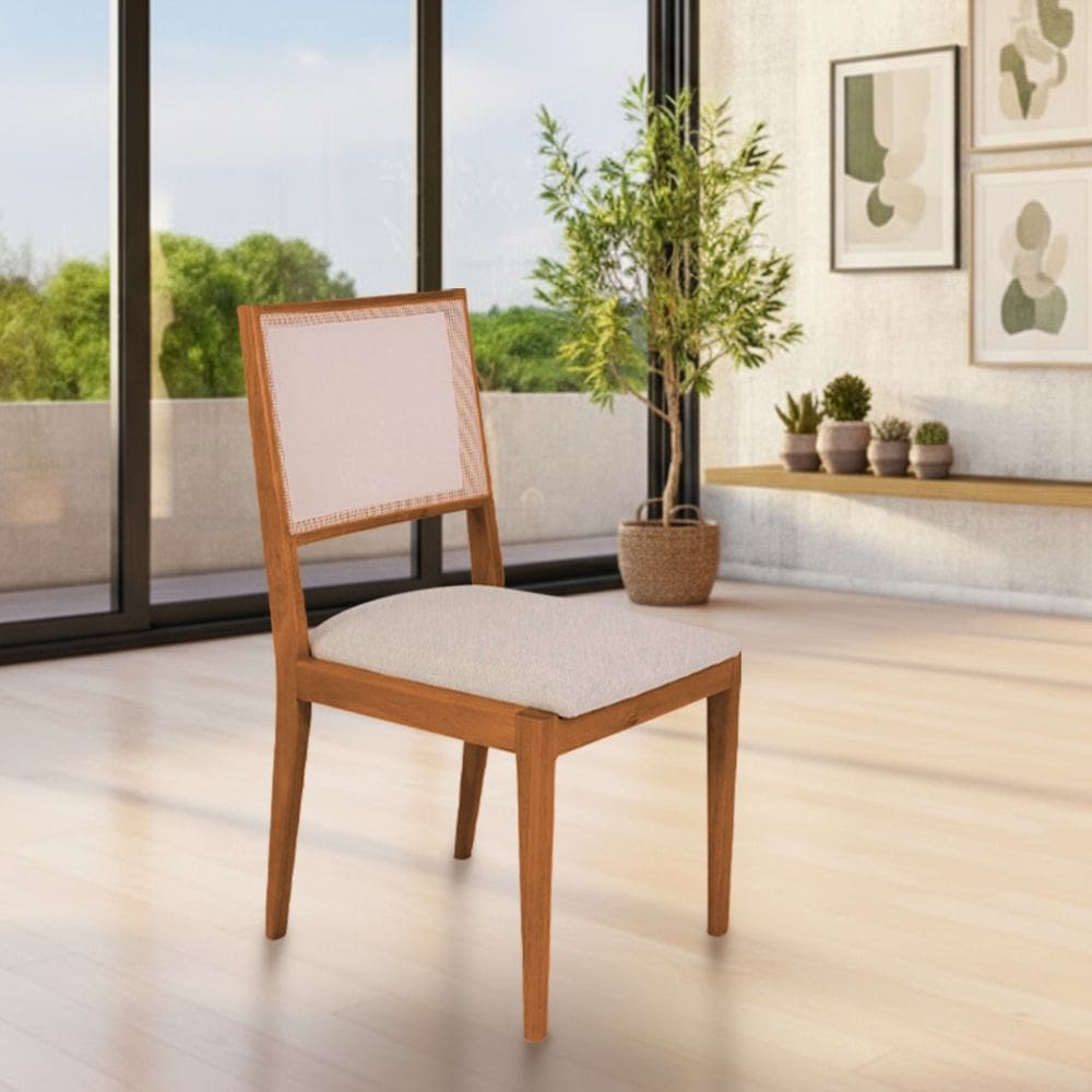Cadeira de Jantar Estofada Suellen Cerejeira Linho Bege