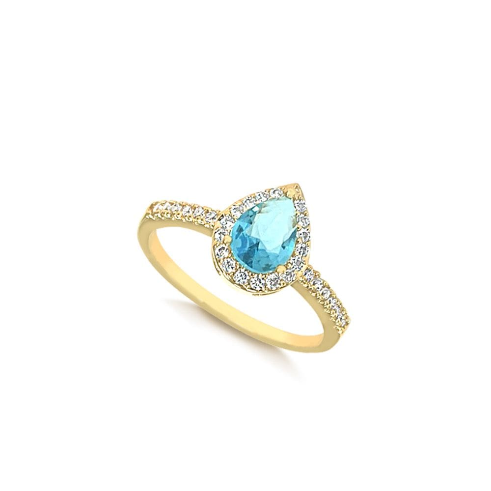 Anel Princesa Gota Zircônias Azul Turquesa Banhado a Ouro