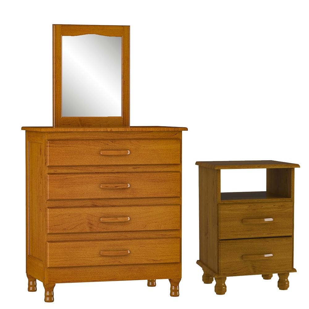 Kit Cômoda com Espelho e Mesa de Cabeceira 100% Madeira Maciça