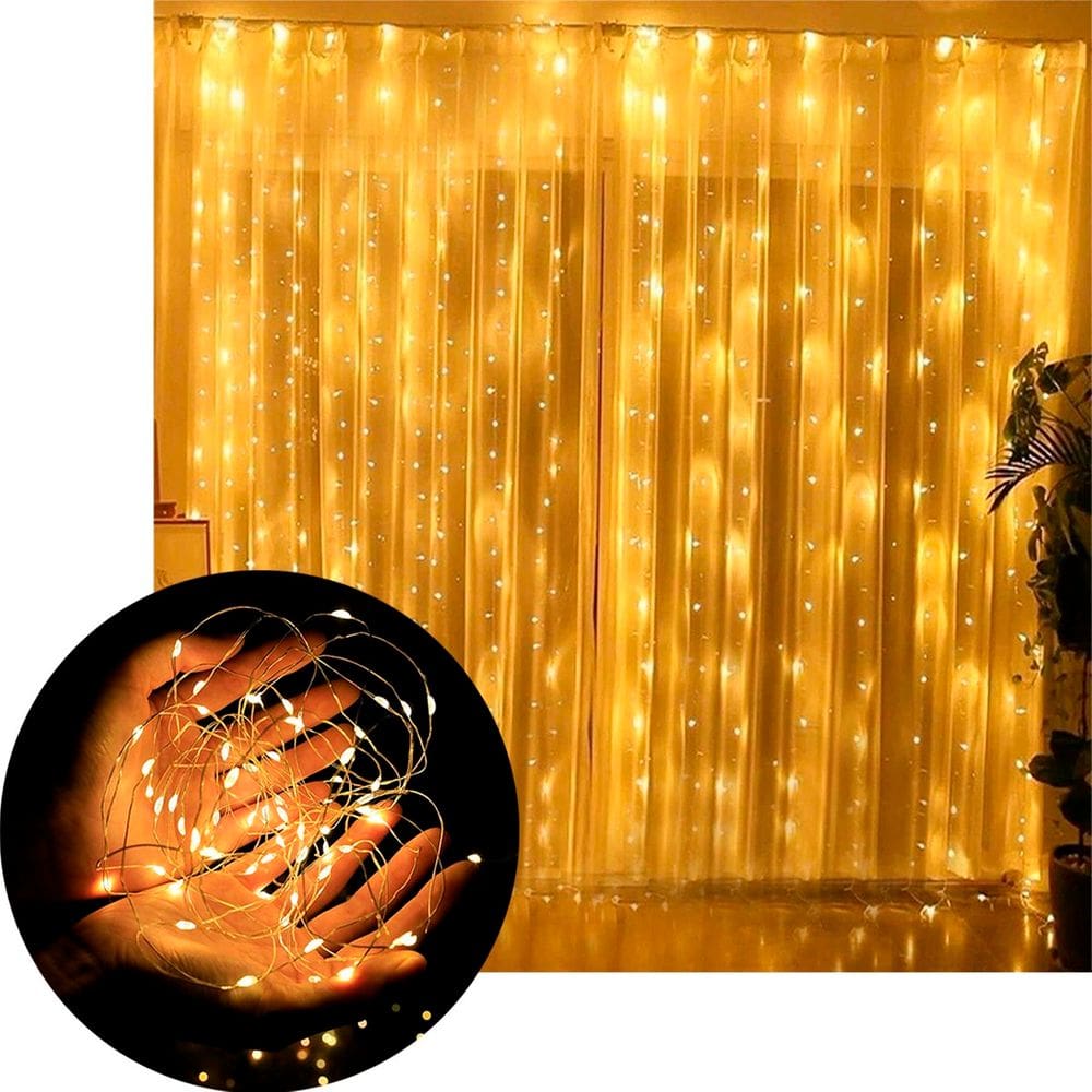 Pisca Cascata Fio De Fada Natal 600 LEDs Amarelo 3x3m 220v