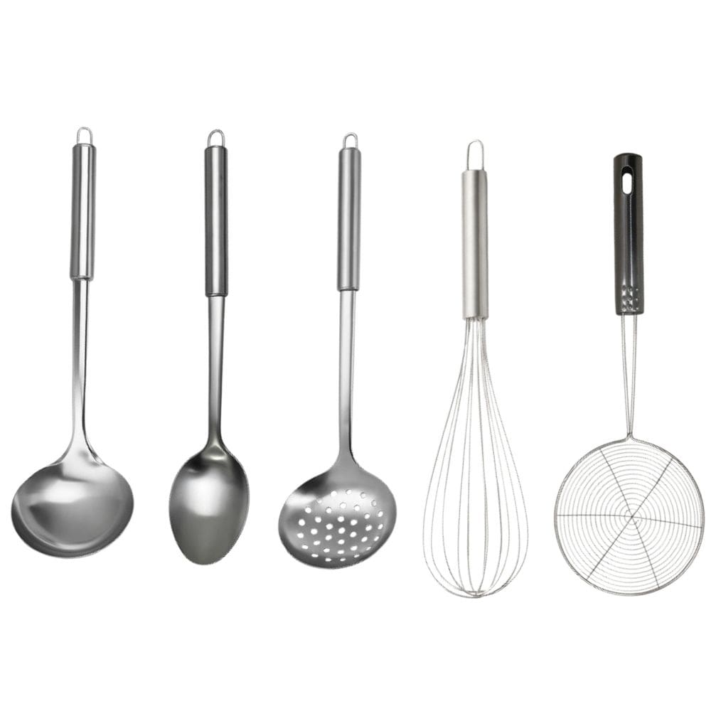 Kit Escumadeira aramada, concha feijão, colher arroz escumadeira e batedor de ovos Fouet Aço Inox