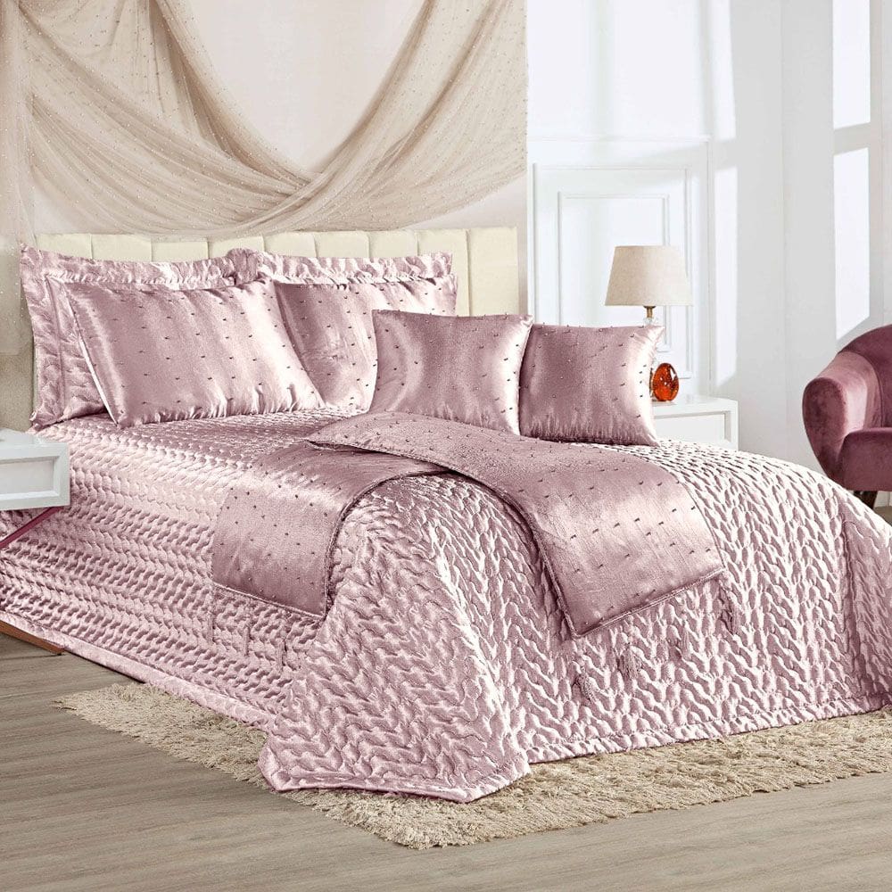 Kit Cobre Leito Colcha Casa Scarpa Fascínio Super King Cetim c/ Tule de Pérola 10 Peças - Rosê