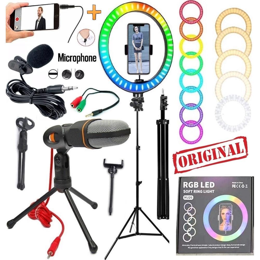 Kit Youtuber Tripé Ring Light Led Rgb Colorido Iluminador Led Microfone Condensador Profissional Gravação Vídeo Celular