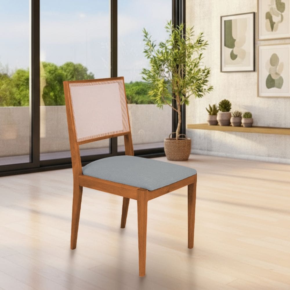 Cadeira de Jantar Estofada Suellen em Madeira e Mdf Cerejeira Linho Cinza