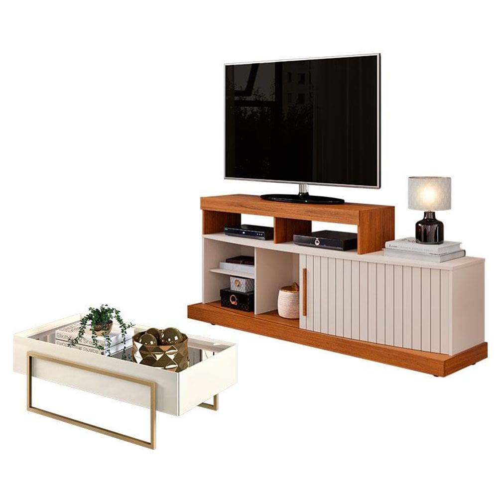 Rack Bancada Scala com Mesa de Centro Pilar Freijó Off White - DJ Móveis