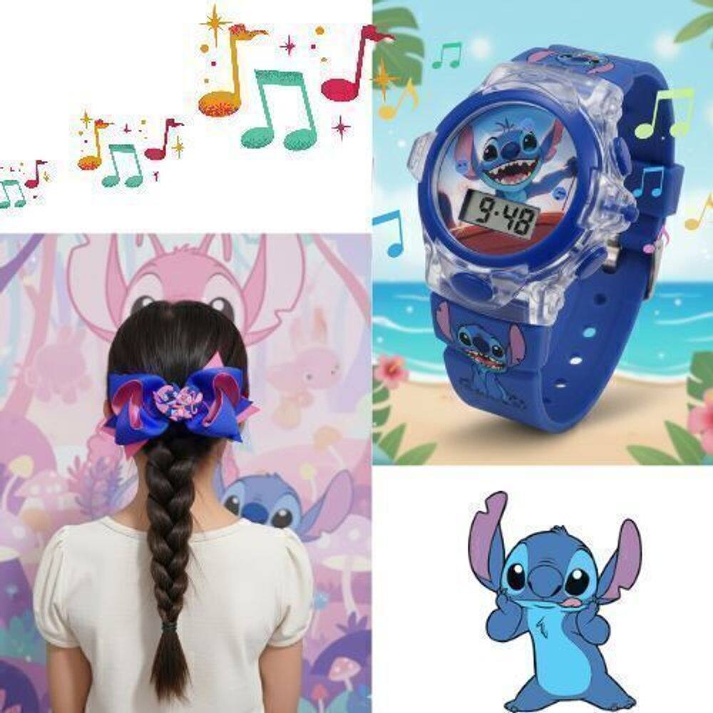 Kit relógio Infantil Digital Pisca Luz Led colorida Musica Disney Stitch Lilo Angel + Laço de Cabelo Menina Presilha