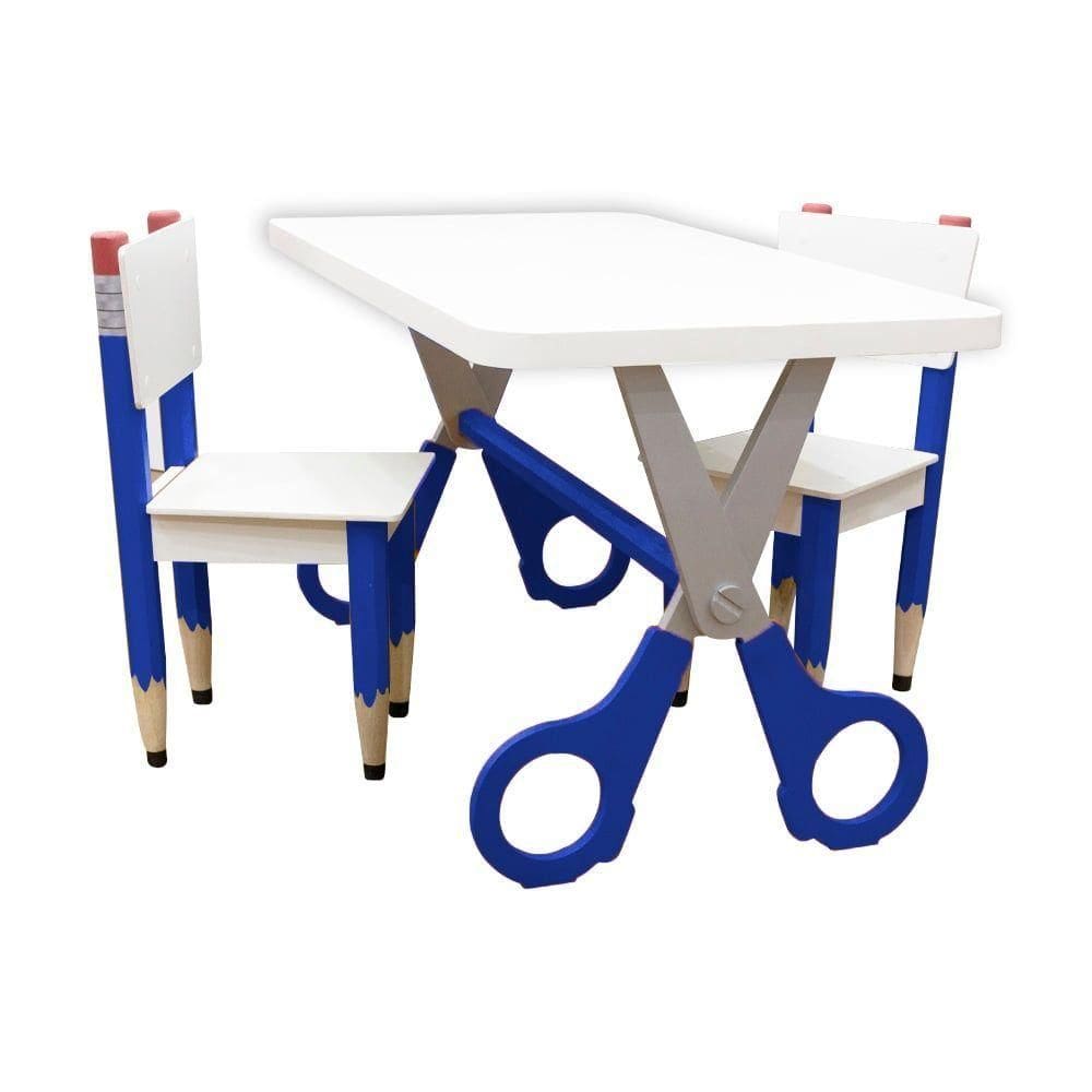 Kit 2 Cadeiras E Mesa Infantil Tesoura Azul Tampo Branco Retangular Base Temática Para Estudos E Desenhos Mobília Decor