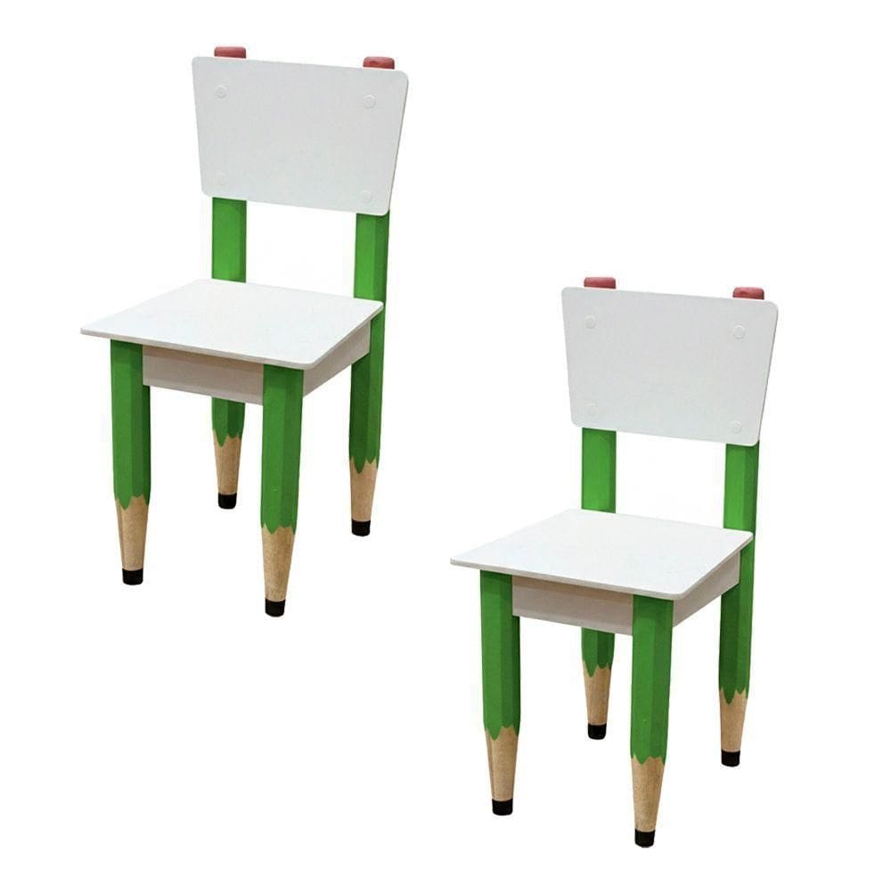 Kit 2 Cadeiras Cadeira Infantil Lápis Verde Assento E Encosto Brancos Para Estudos E Desenhos Mobília Decor