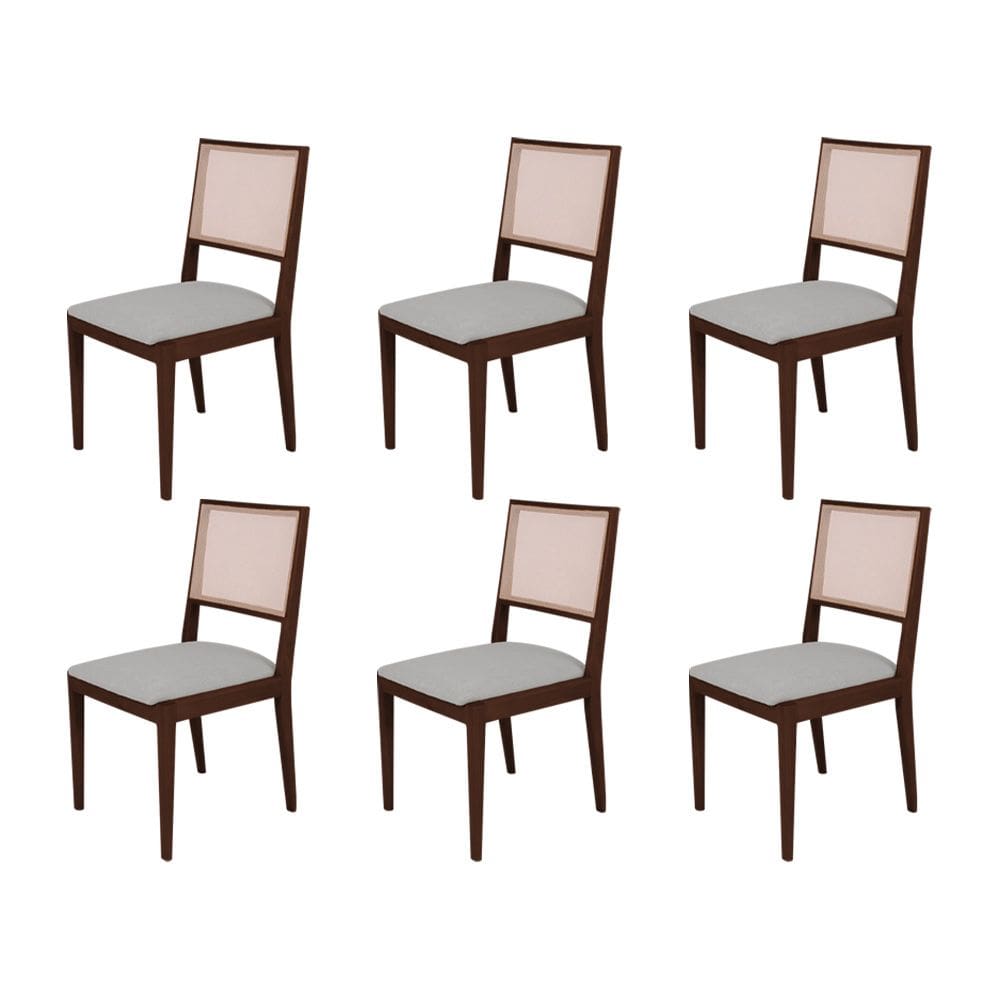 Conjunto com 6 Cadeiras de Jantar Estofada Suellen Castanho Linho Cinza Prata