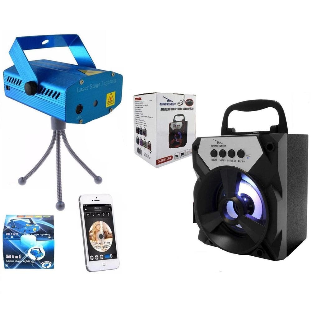 Kit Projetor Holográfico Luz + Caixa Som Rádio Fm Bluetooth