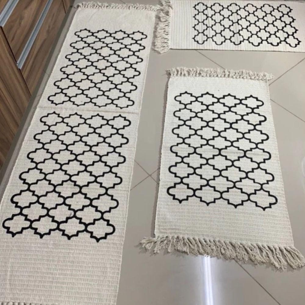 Jogo Passadeira Com Nozinho 03 Peças Jogo De Tapete Para Cozinha Geometrico 100% Algodão Modelo Geométrico Cru