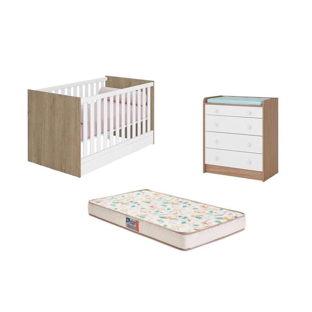 Berço Mini Cama, Colchão e Cômoda Trocador Carvalho/Branco