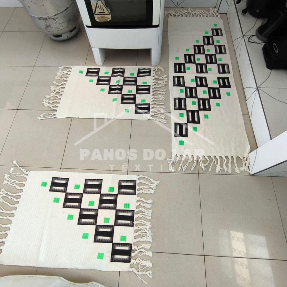 Jogo Passadeira Com Nozinho 03 Peças Jogo De Tapete Para Cozinha Geometrico 100% Algodão Modelo Blocos Coloridos