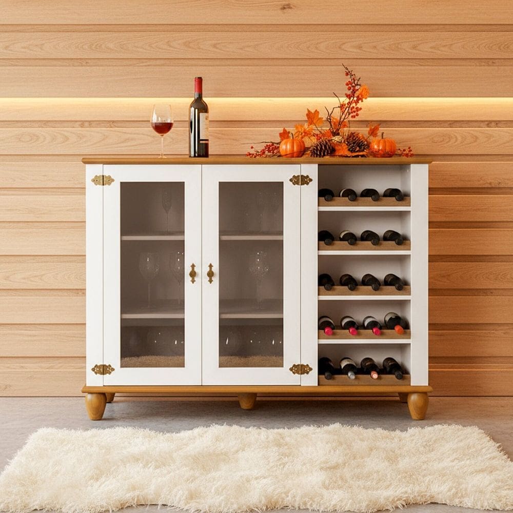 Balcão Cristaleira Adega Baixa 2 Portas Tampo Base e Pés em Madeira Maciça Joy Off White