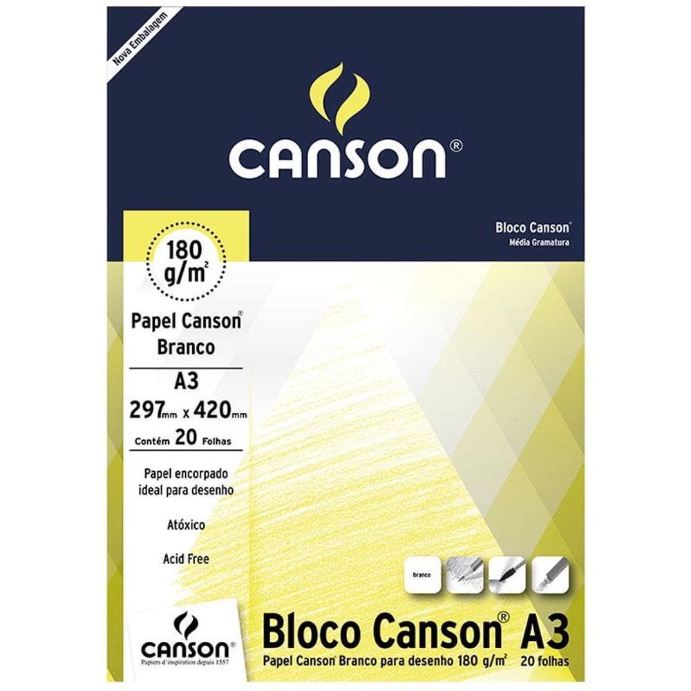Bloco desenho branco A3 180g com 20 folhas Canson