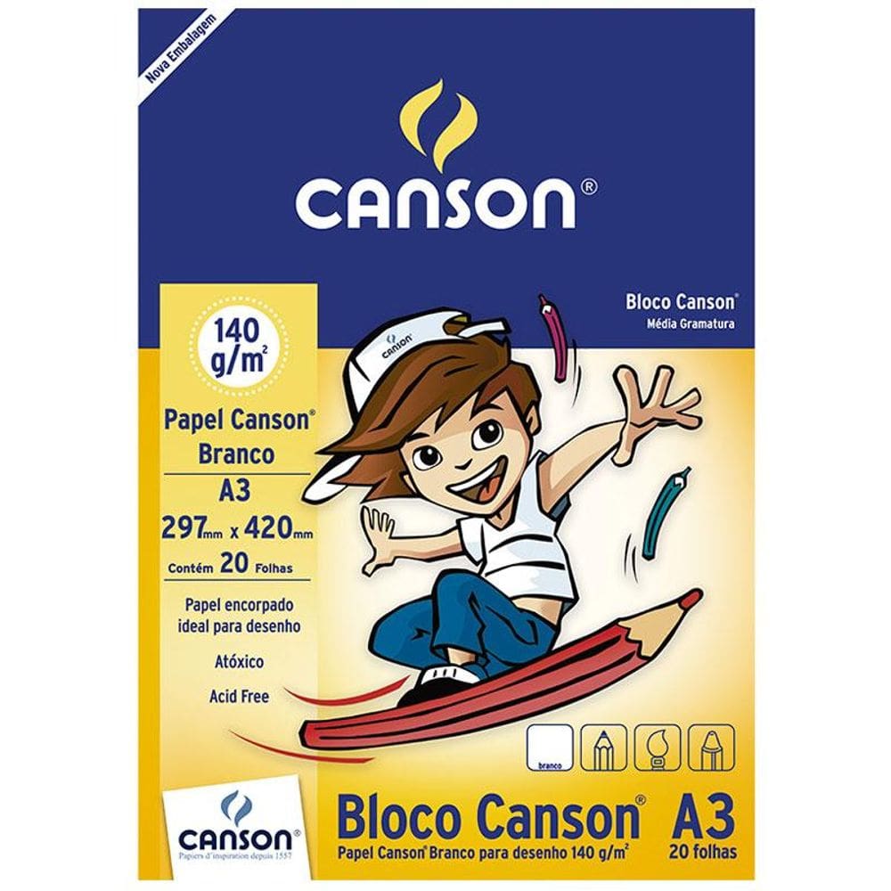 Bloco desenho branco A3 140g com 20 folhas Canson