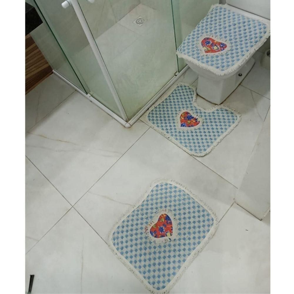 Kit 3 Peças De Tapete Banheiro Algodão 100% Tamanho 50x40cm Para Piso Chão Estampado E Liso Azul Claro Com Estampa