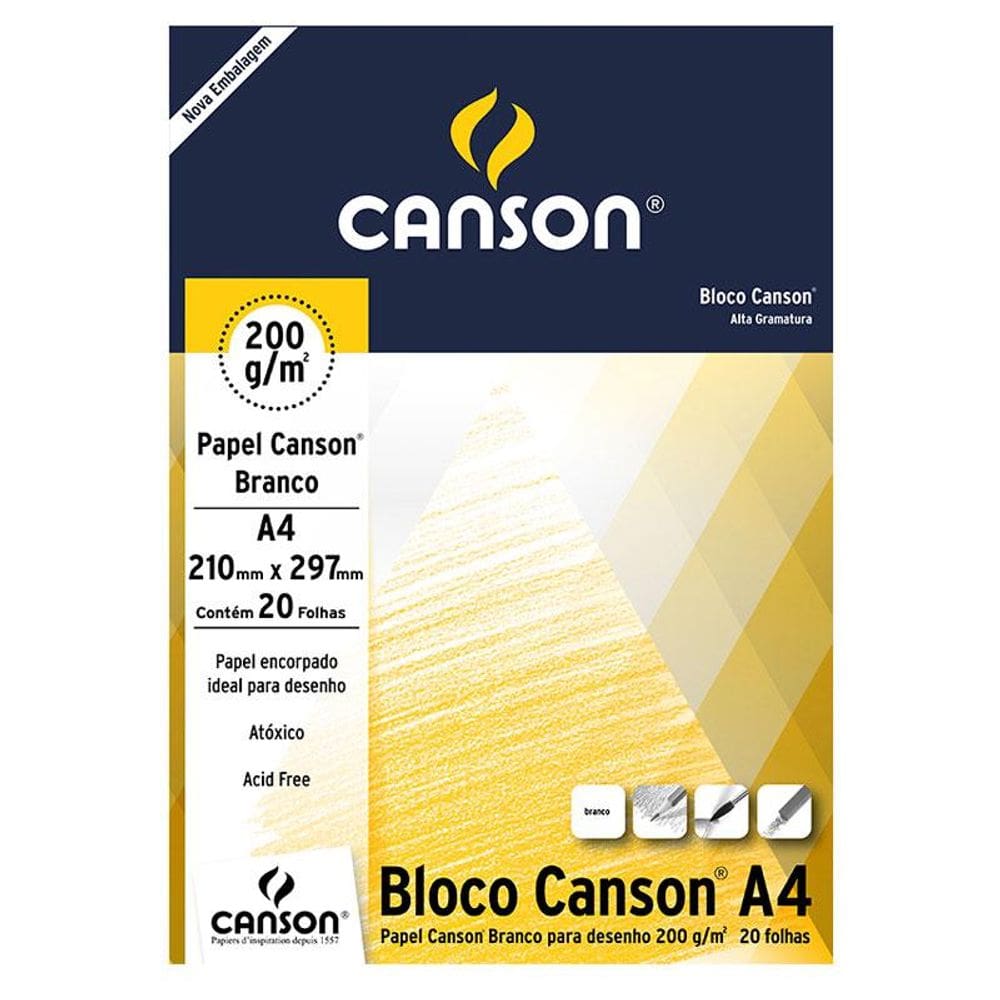 Bloco desenho branco A4 200g com 20 folhas Canson