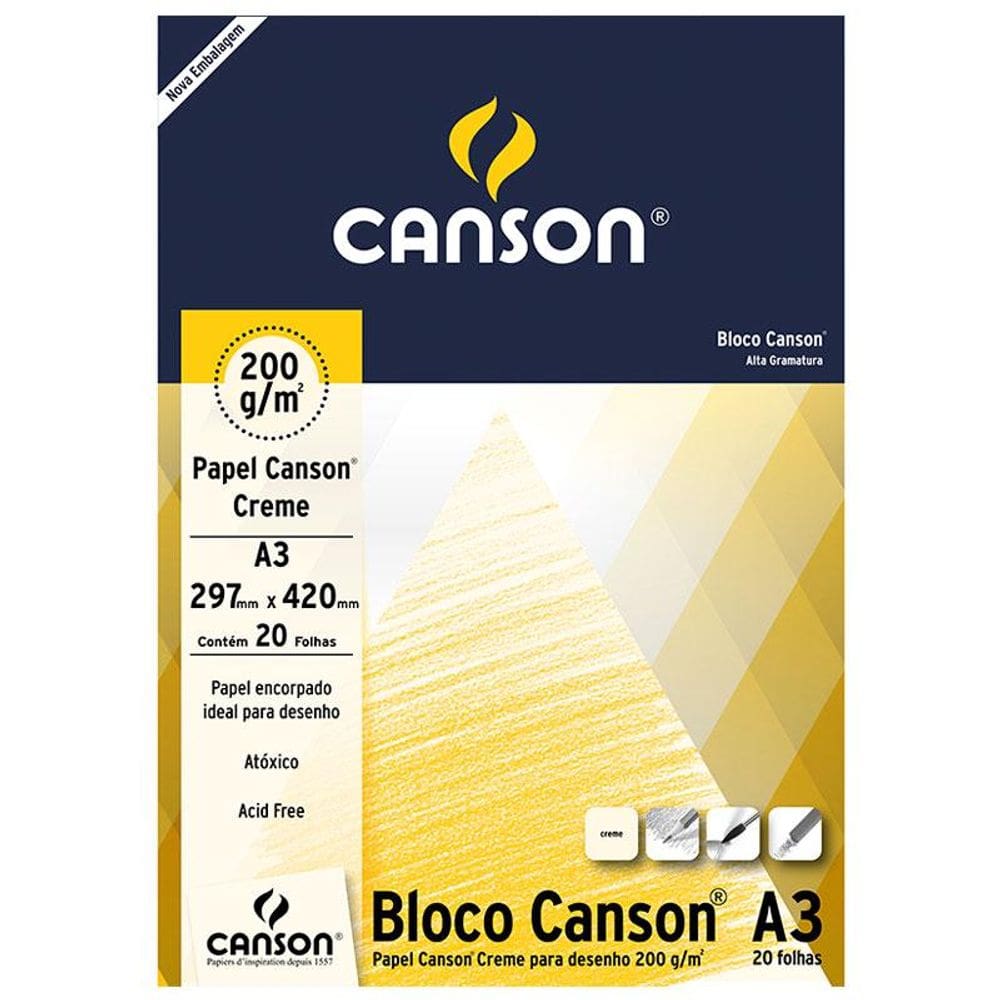 Bloco desenho creme A3 200g com 20 folhas Canson