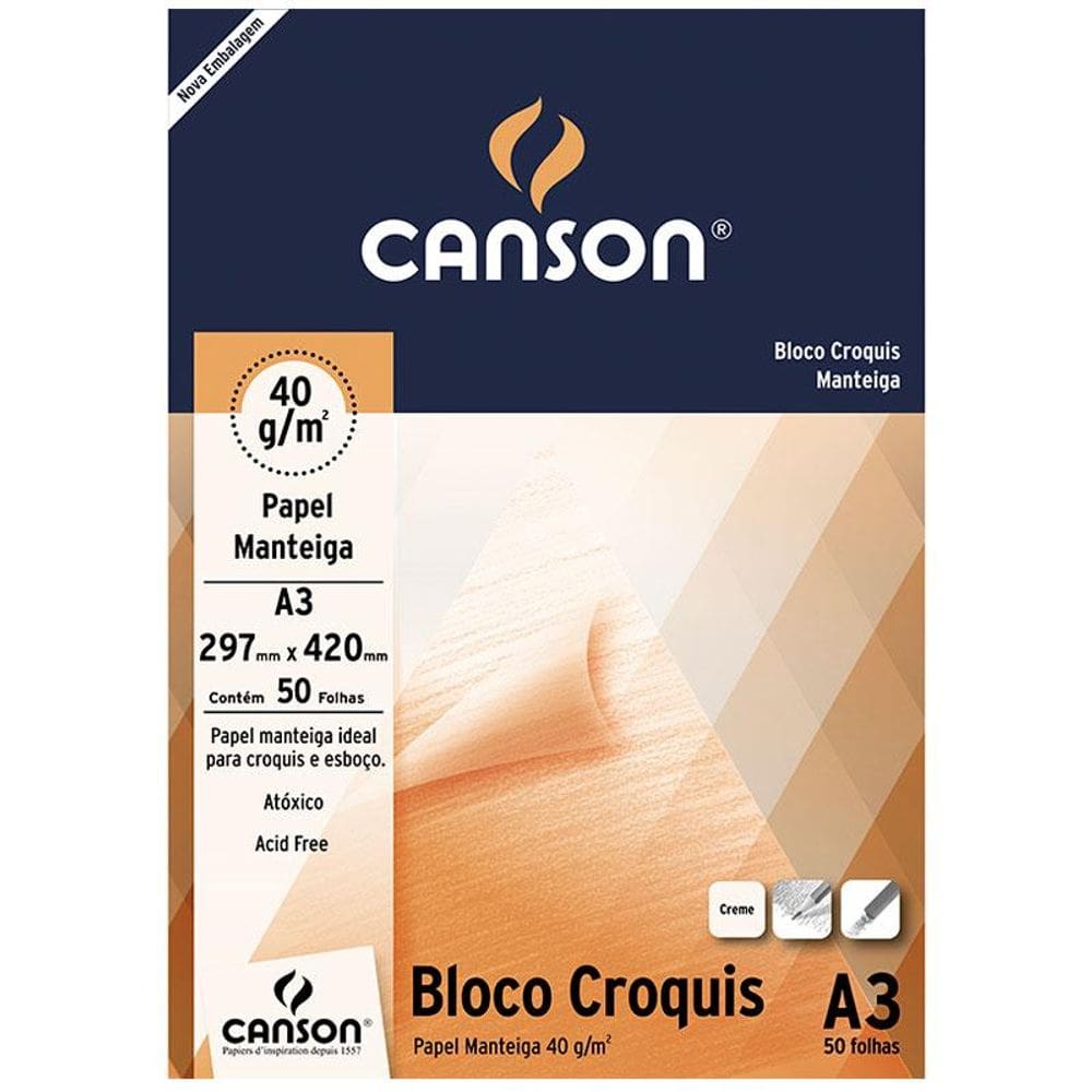 Bloco croquis manteiga A3 40g com 50 folhas Canson