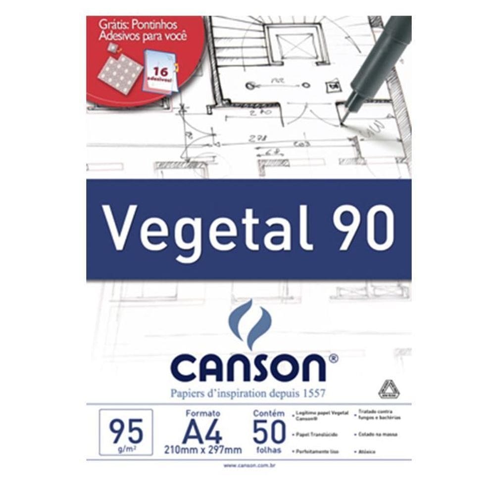 Papel vegetal liso A4 90g com 50 folhas Canson