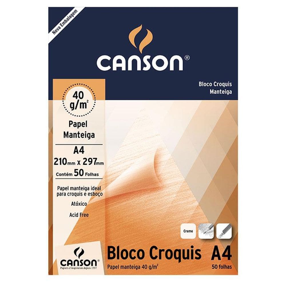 Bloco croquis manteiga A4 40g com 50 folhas Canson