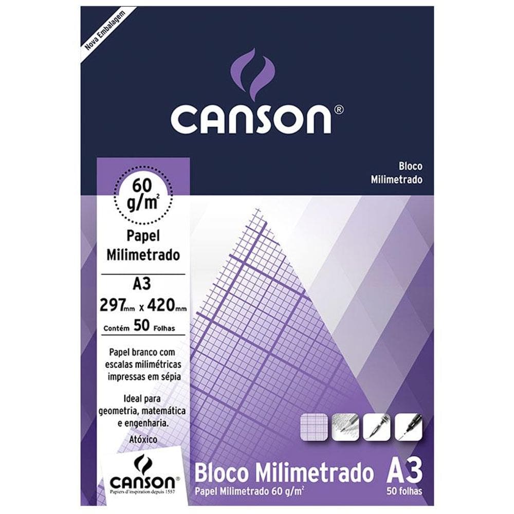 Bloco milimetrado A3 60g com 50 folhas Canson