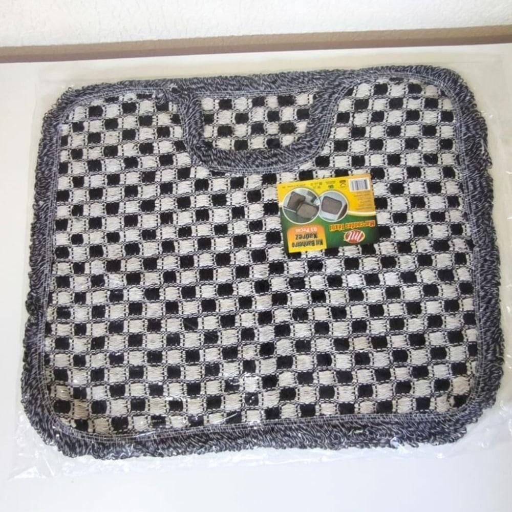 Kit 03 Tapete Xadrez Para Banheiro Decorativo E Macio 50x40 De Algodão Piso Chão Preto Liso