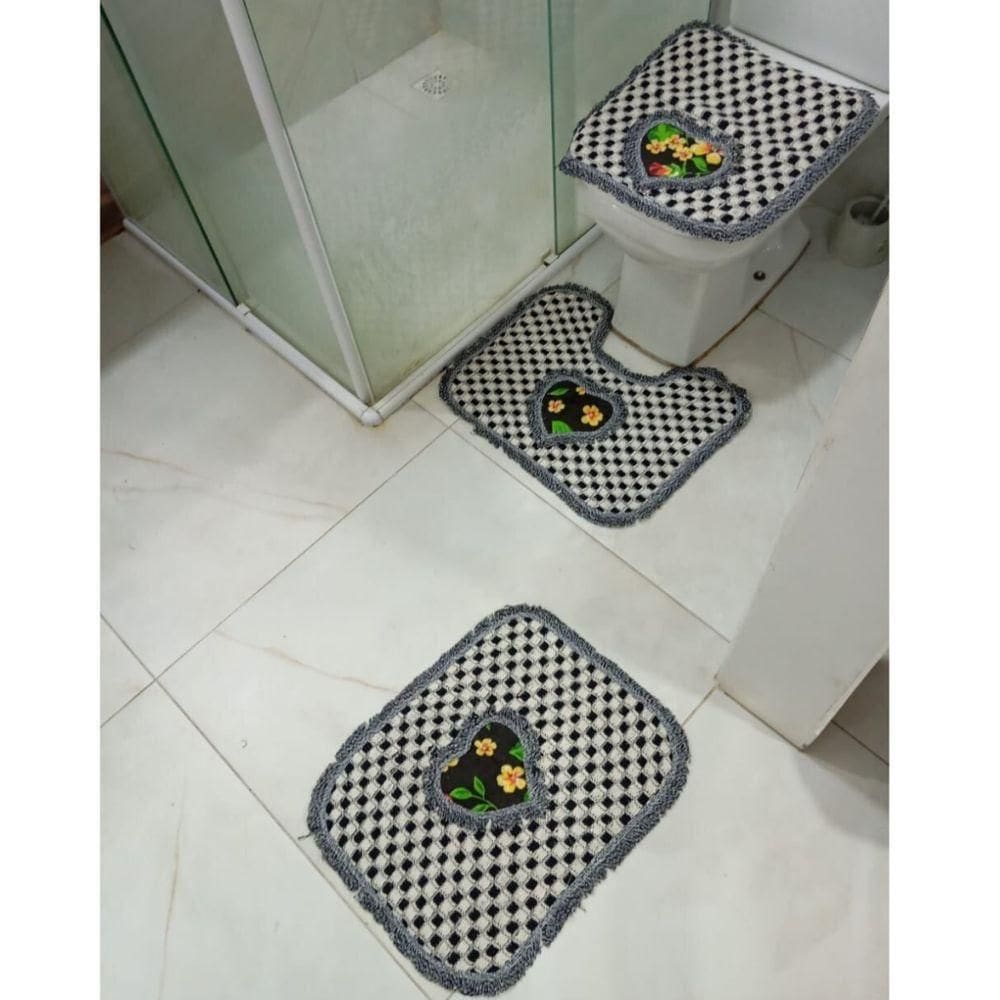 Kit 03 Tapete Xadrez Para Banheiro Decorativo E Macio 50x40 De Algodão Piso Chão Preto Com Estampa