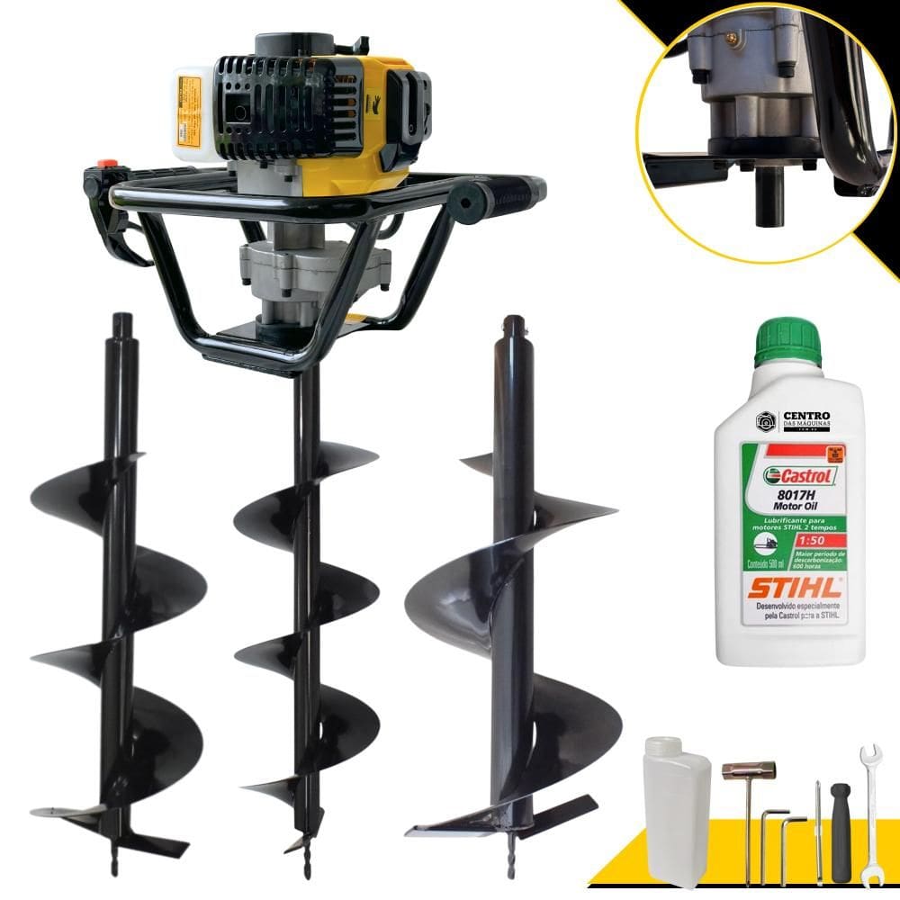 Perfurador de Solo À Gasolina Lynus PSL517 52cc 1,8HP de Alta Rotação e Performance + Brocas 80x20cm, 80x25cm e 80x30cm + ÓLEO STIHL 2T