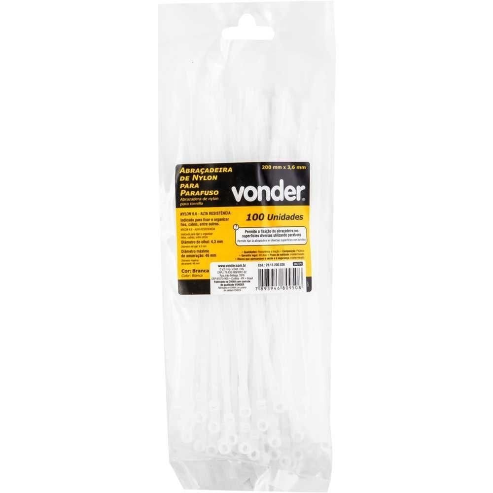 Abraçadeira Nylon Parafuso 200x3,6 Branca 100 Peças Vonder