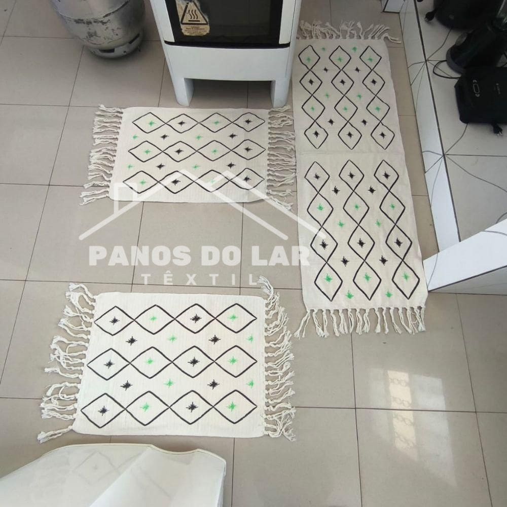 Jogo Passadeira Com Nozinho 03 Peças Jogo De Tapete Para Cozinha Geometrico 100% Algodão Modelo Estrelinhas Coloridas