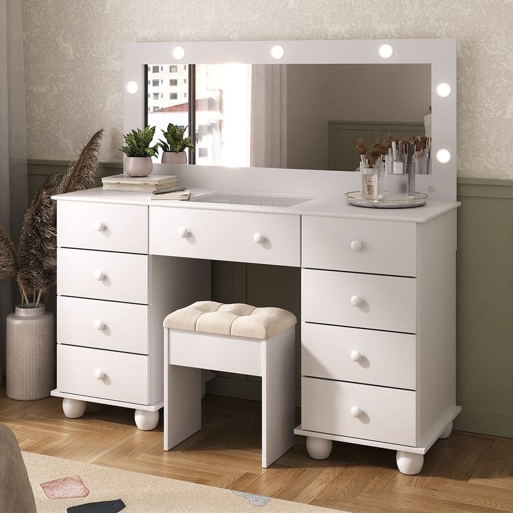 Penteadeira Camarim Com Banqueta Espelho LED E 9 Gavetas Com Banqueta