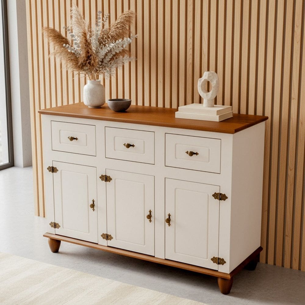 Balcão Buffet 3 Portas 3 Gavetas Tampo Base e Pés em Madeira Maciça Joy Off White