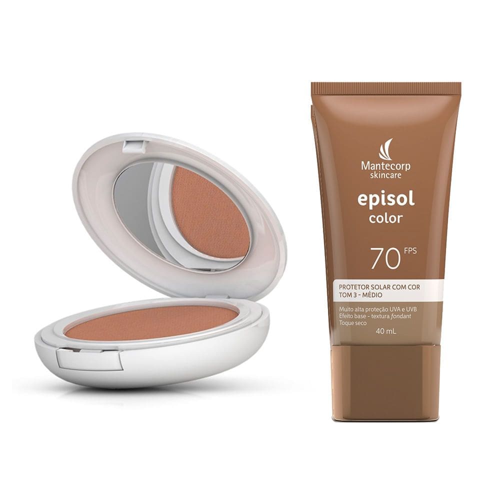 Kit Protetor Solar Episol Color FPS 50 Pó Compacto Tom 4 Médio Escuro 10ge Protetor Solar Episol Color Tom 3 Médio FPS 70 40ml