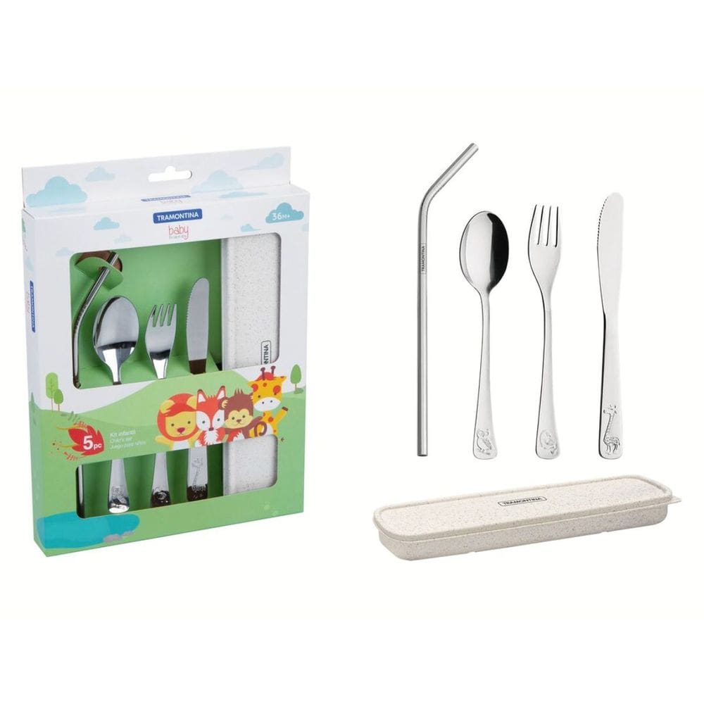 Conjunto de Talheres com Estojo Canudo Infantil 5 Peças Inox BPA Free Tramontina