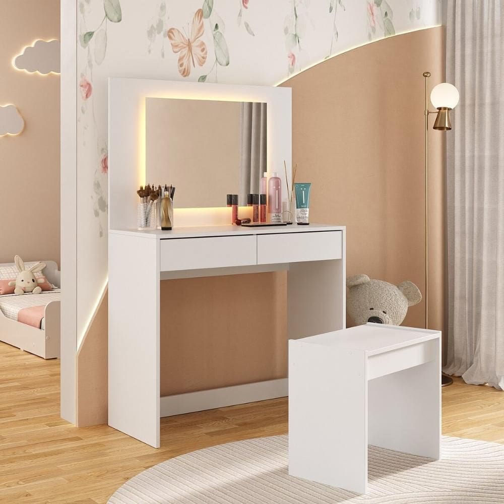 Penteadeira Infantil 90cm com Banqueta Espelho LED 2 Gavetas Multimóveis MP4398
