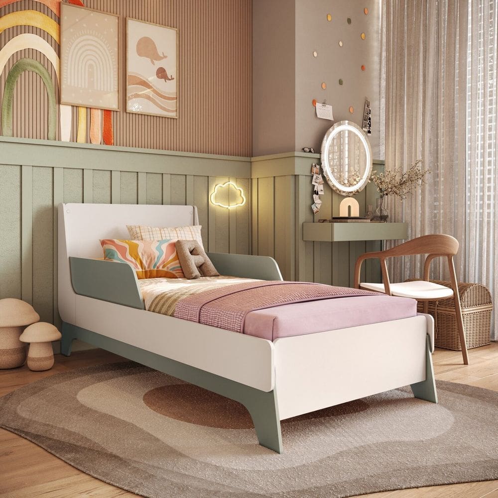 Cama de Solteiro Infantil 100% Mdf Premium com Laterais de Proteção e Design Curvo Lindy Branco/ Verti