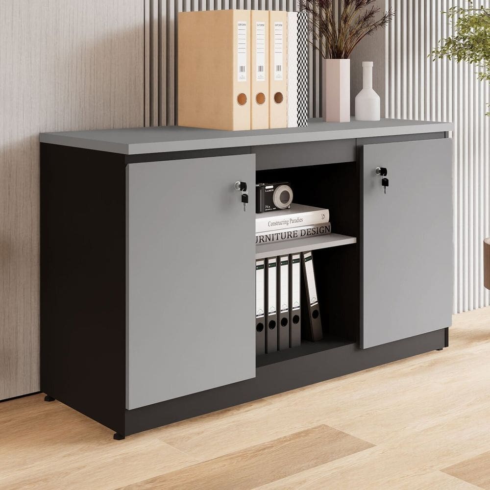 Armário para Escritório 2 Portas com Chaves e Nichos Corporate Cinza Sagrado /Preto