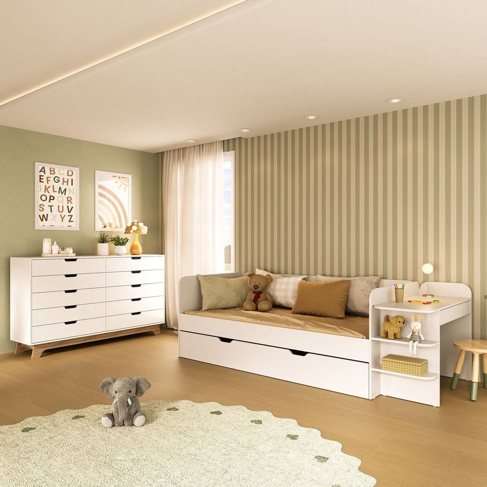 Quarto Infantil Cama de Solteiro 3 em 1 e Cômoda 10 Gavetas em MDF Premium Helena e Alice Branco/ Louro Freijó Grann