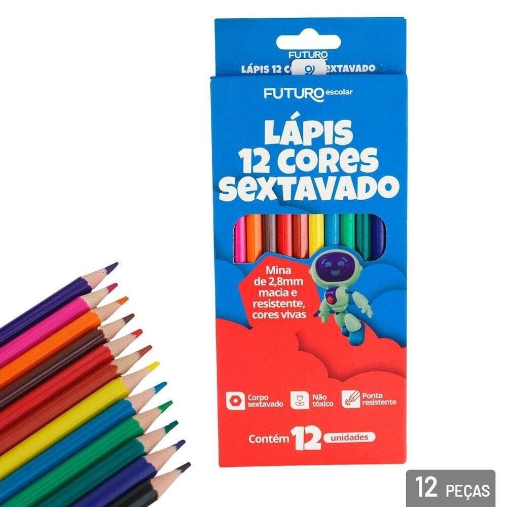 Lápis de COR 12 Cores Sextavado - Tudo em Caixa