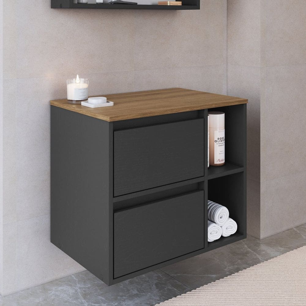 Gabinete de Banheiro Suspenso 60cm com 2 Nichos 1 Porta Basculante e 1 Gaveta sem Cuba Mel/Grafite