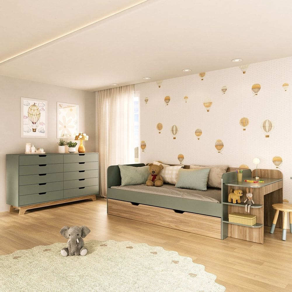 Quarto Infantil Cama de Solteiro 3 em 1 e Cômoda 10 Gavetas em MDF Premium Helena e Alice Verti/Louro Freijó Grann