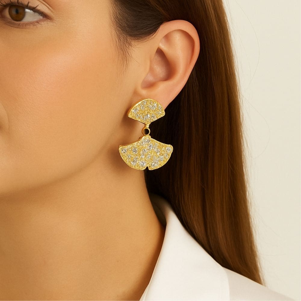 Brinco Dois Leques Cravejados Banhado a Ouro