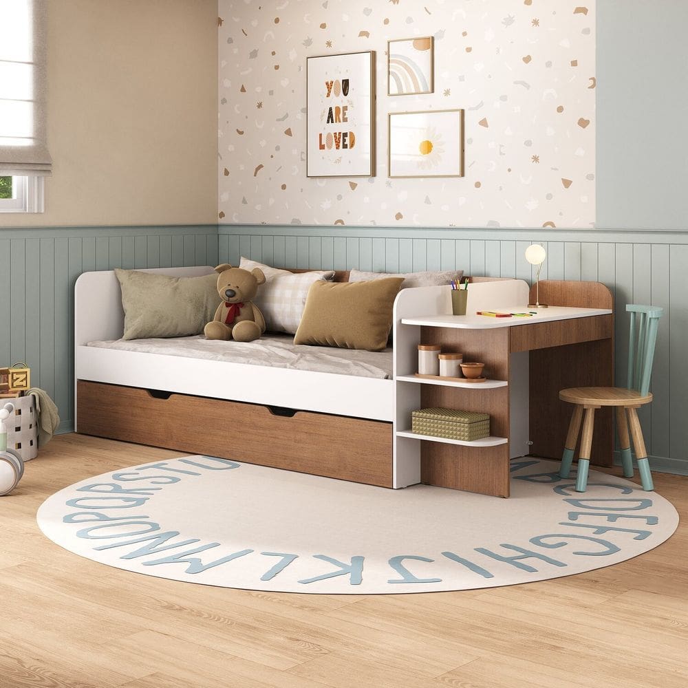 Cama de Solteiro Funcional Infantil com Escrivaninha e Cama Auxiliar 100% Mdf Premium Helena Branco/ Castanho