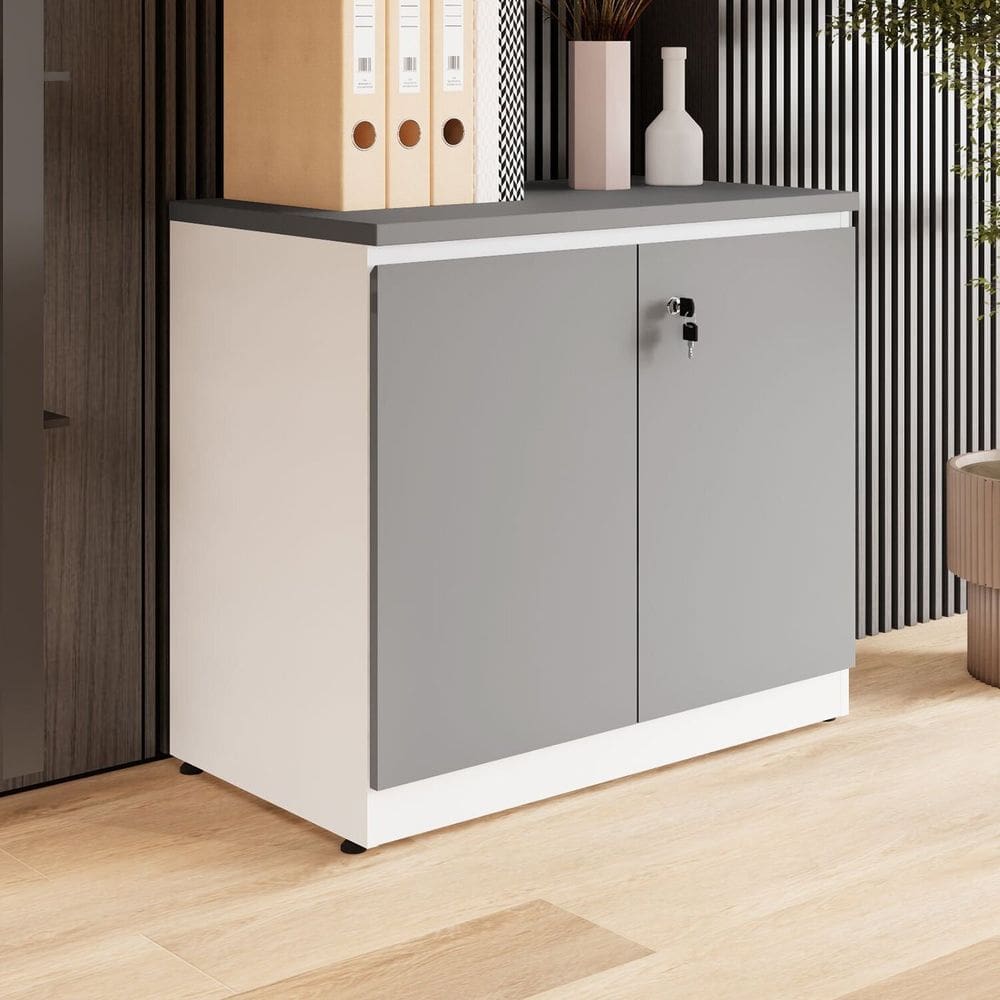 Armário Baixo 80cm para Escritório 2 Portas com Chave Puxadores Cava Corporate Cinza Sagrado / Branco