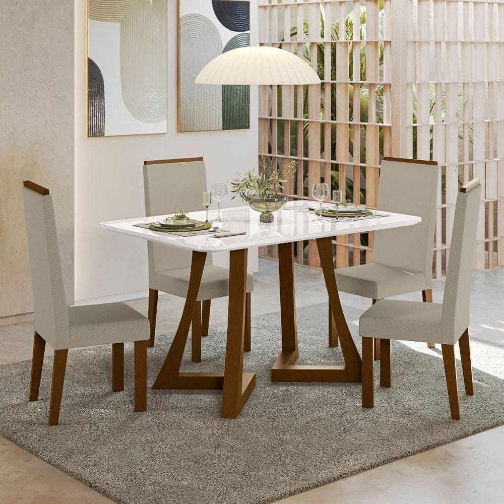 Sala Jantar Ana 136cm Vidro 4 Cadeiras Linho Claro Livia Âmbar/Off White