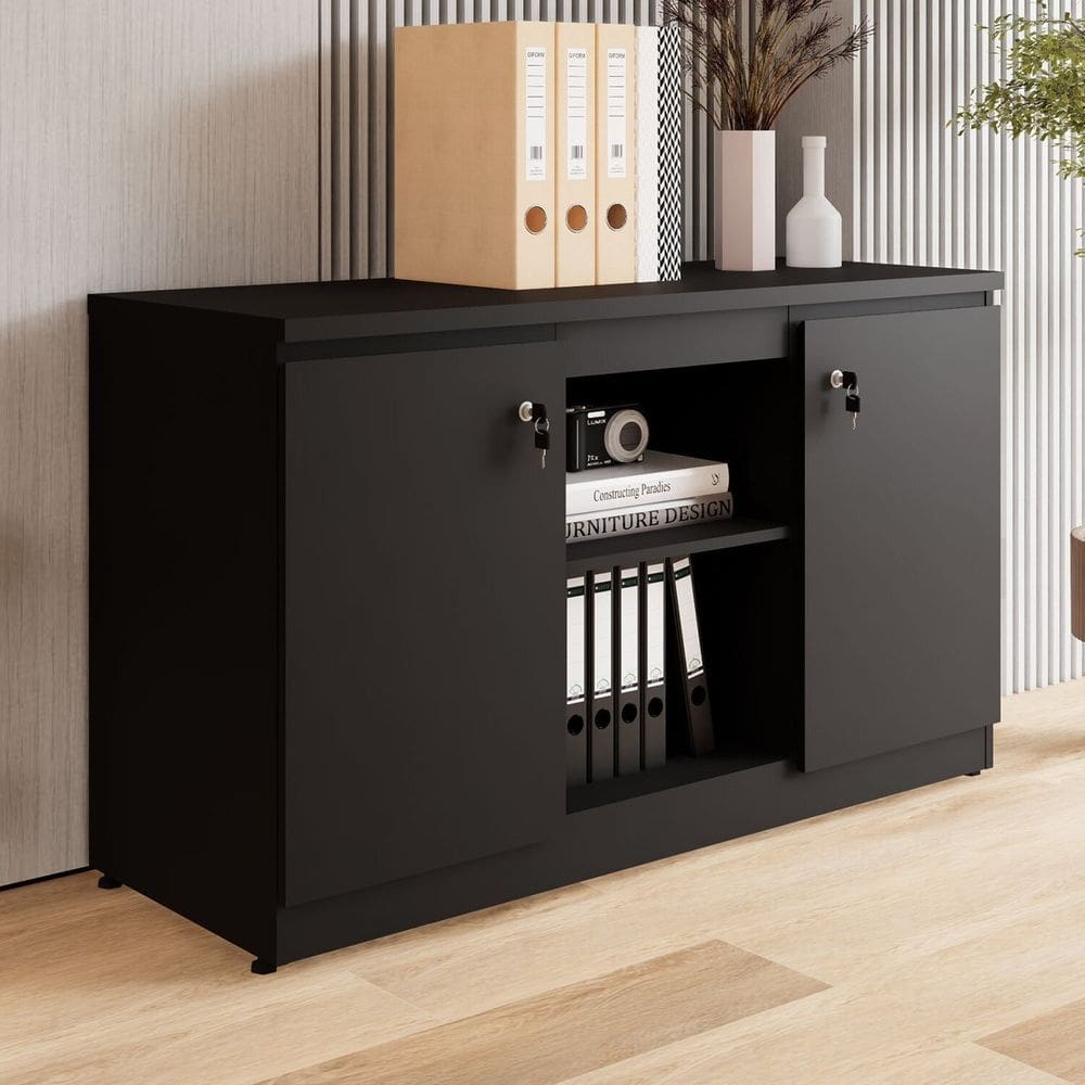 Armário para Escritório 120cm 2 Portas com Chaves e Nichos Corporate Preto