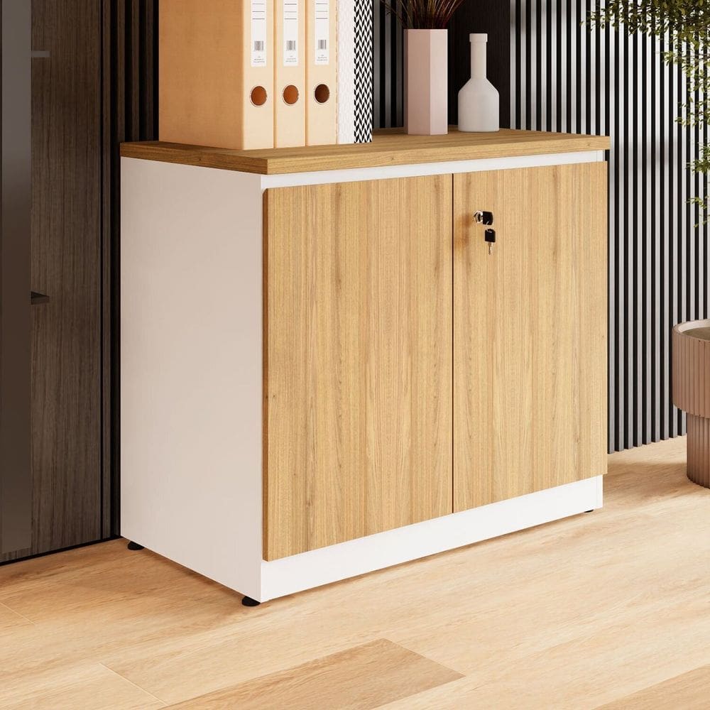 Armário Baixo 80cm para Escritório 2 Portas com Chave Puxadores Cava Corporate Macadâmia / Branco